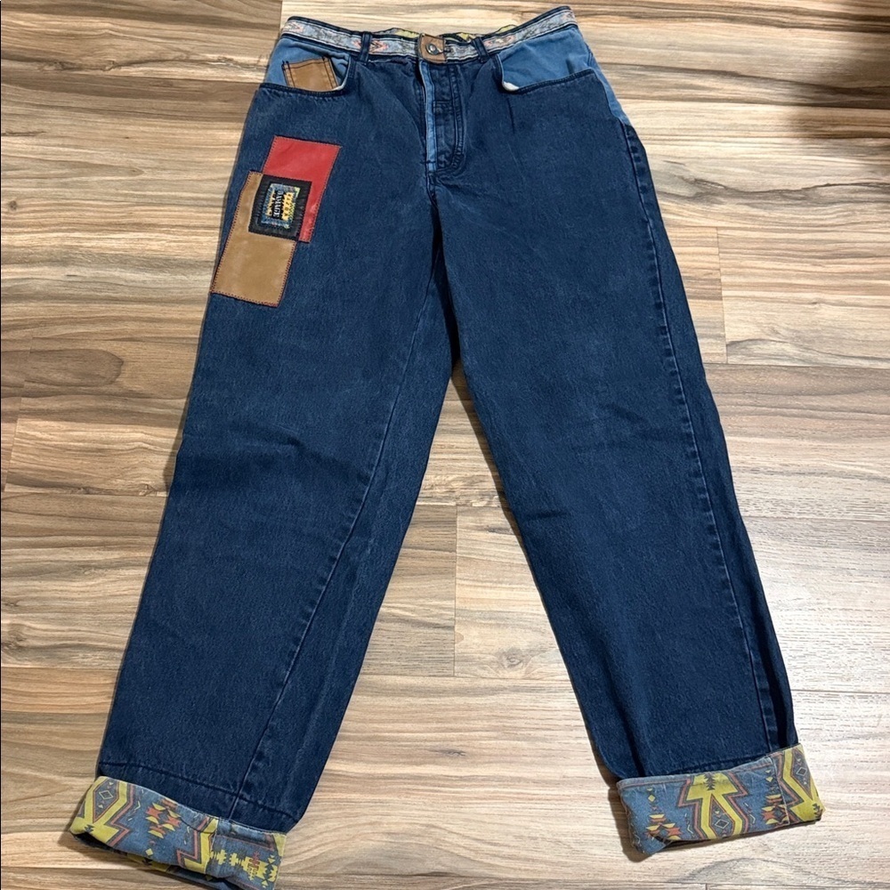 Vtg. Major Damage Patchwork Jeans 90s High Rise Straight Leg Rare Women’s Sz. 30